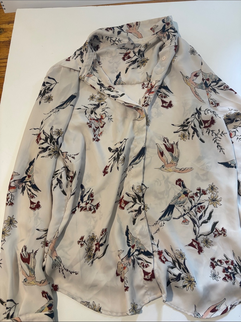 H&M Cream Button-Down Blouse with Floral & Bird Print